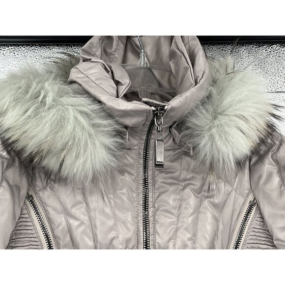 RIZAL Womens Quilted Down Puffer Coat Raccoon Fur Trim Belted Waist Small - Picture 5 of 16